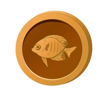 Orange coin with the image of a fish. Vector illustration for game design Stock Illustration