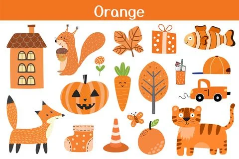 Orange color objects set. Learning colors for kids. Cute elements collection Stock Illustration