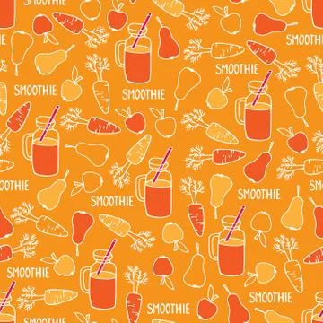 Orange color smoothie seamless pattern. Detox and healthy eating concept. Hand Illustrazione stock