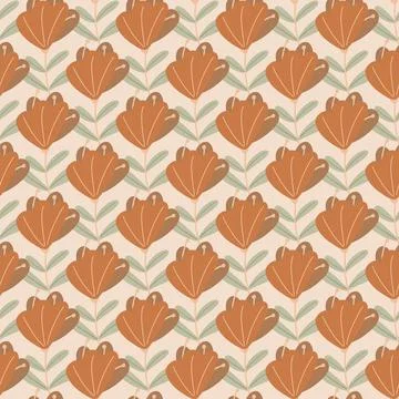 Orange colored doodle flowers elements seamless pattern. Grey background. Scr Stock Illustration