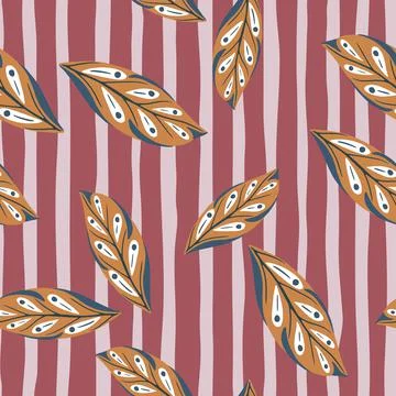 Orange colored geometric leaf shapes seamless doodle pattern. Pink and grey s Stock Illustration