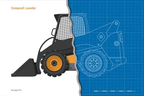 Orange compact loader. Outline side view. Isolated drawing of mini bulldozer Stock Illustration