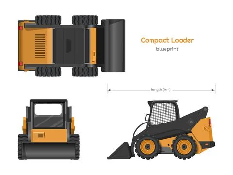 Orange compact loader. Side, front and top view. Isolated drawing of mini bul Stock Illustration