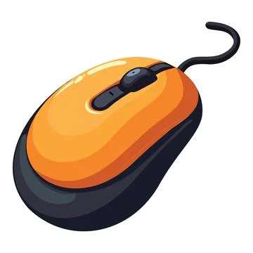 Orange computer mouse with a black scroll wheel and cord, technology, hardware Stock Illustration
