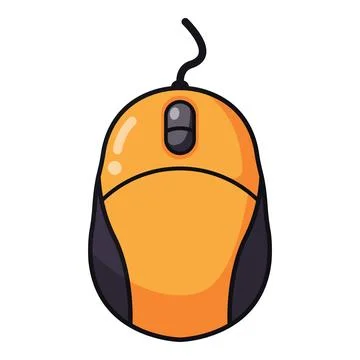 Orange computer mouse showing cord, scroll wheel, and click buttons, technology Stock-Illustration