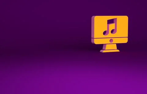 Orange Computer with music note symbol on screen icon isolated on purple back Stock Illustration