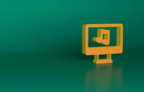 Orange Computer with music note symbol on screen icon isolated on green Stock Illustration