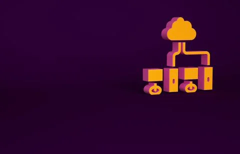 Orange Computer network icon isolated on purple background. Laptop network. I Illustrazione stock