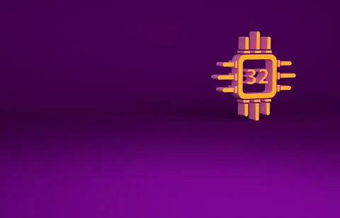 Orange Computer processor with microcircuits CPU icon isolated on purple back Illustrazione stock