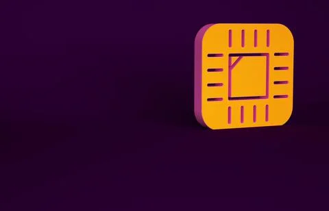 Orange Computer processor with microcircuits CPU icon isolated on purple back Stock Illustration