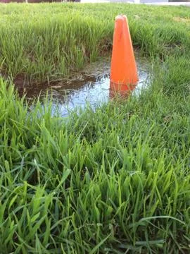 Orange cone in puddle Stock Photos