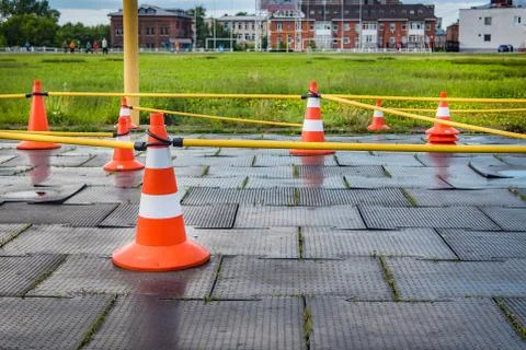 Orange cones for training cyclists, roller skaters and other athletes Foto stock