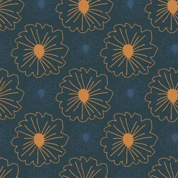 Orange contoured flowers seamless pattern on dark blue background. Simple bot Illustrazione stock