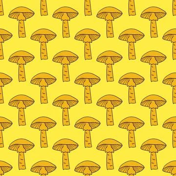 Orange contoured mushroom elements seamless pattern. Yellow bright background Stock Illustration