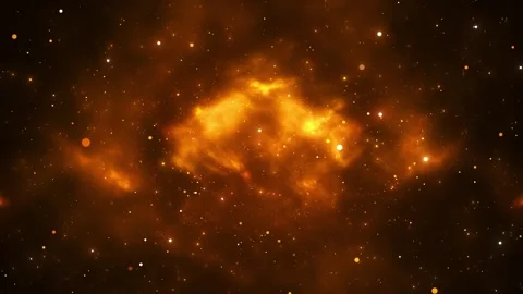 Orange cosmic nebula glowing space clouds, dust particles, scattered stars over Stock Footage 340470788