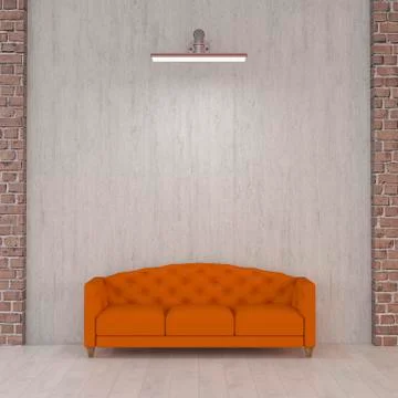 Orange couch under wall lamp, 3d rendering Ilustración de archivo