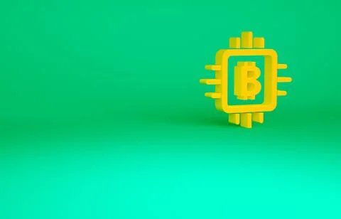 Orange CPU mining farm icon isolated on green background. Bitcoin sign inside Stock Illustration