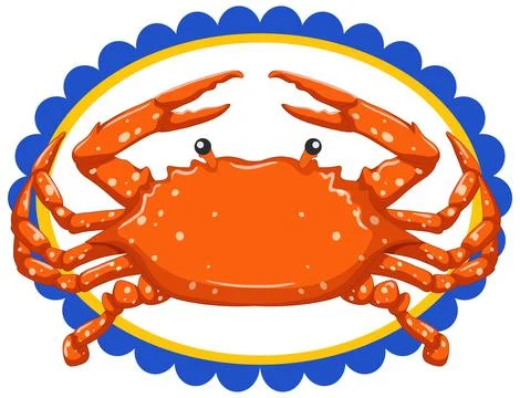 Orange Crab Vector Illustration Inside Blue Scalloped Oval Frame Stock Illustration