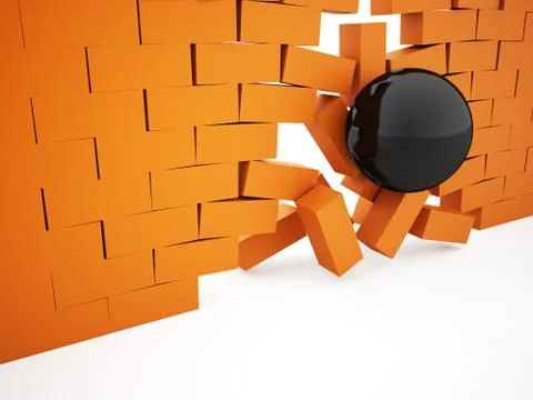 Orange crash brick wall witch sphere Stock Illustration
