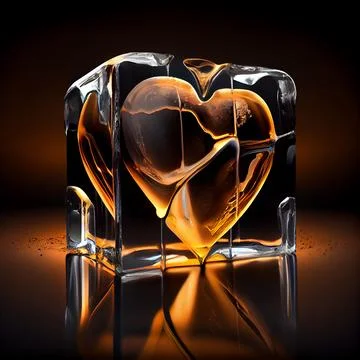 Orange crystal heart in an ice cube isolated on black background. Illustrazione stock