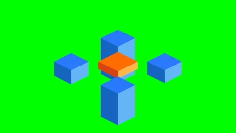 An orange cube surrounded by four blue cubes on a bright green background Stock-Footage 341823805