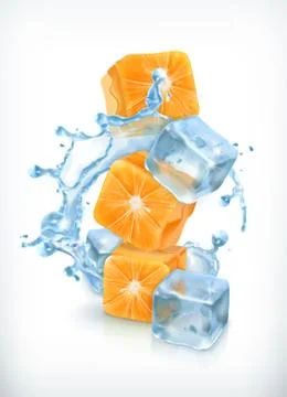 Orange cubes with ice and splashes, vector icon Stock Illustration