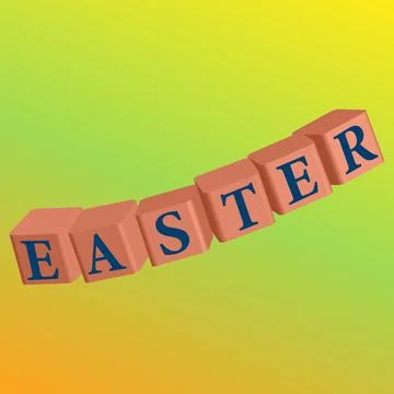 Orange cubes labeled Easter. Multicolored gradient background. Illustrazione stock