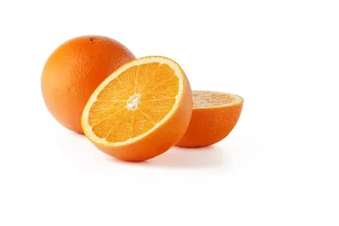 Orange cut in half on a white background. Foto stock