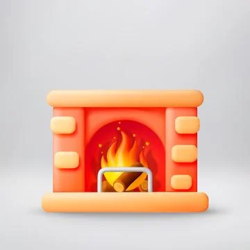 Orange cute fireplace with burning log and flames Stock Illustration