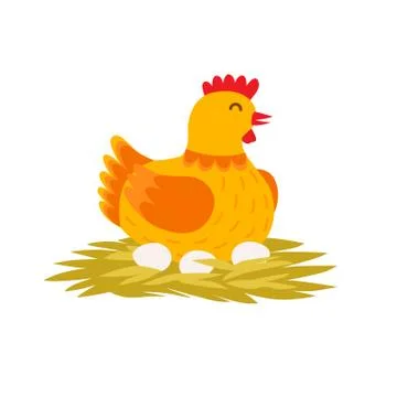 Orange cute hen is laying eggs on the nest. Cartoon hen vector flat illustration Stock Illustration
