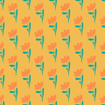 Orange cute simple flowers elements seamless doodle pattern. Yellow backgroun Stock Illustration