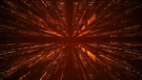 Orange digital data tunnel background glowing dotted rows, fast perspective moti Video stock 340416189