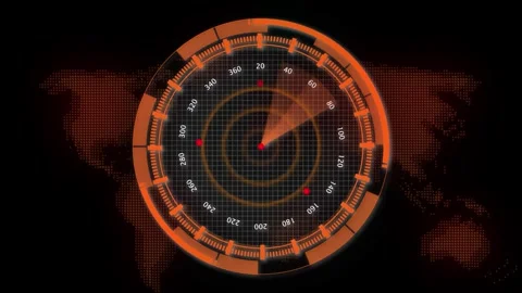 Orange Digital Radar Interface with Red Targets and a Pixelated World Map s.. Stock Footage 330347627