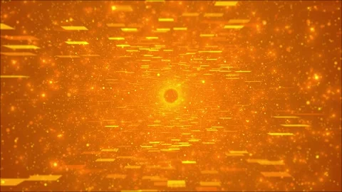 Orange digital tunnel background bright particles, floating rectangular blocks, Stock Footage 340417479
