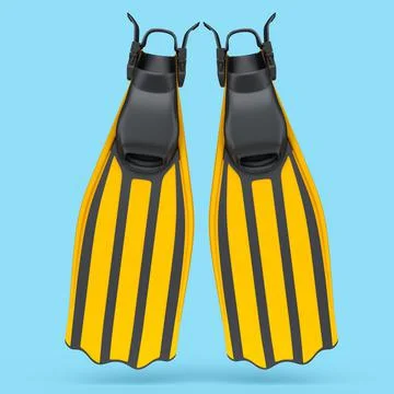 Orange diving flippers isolated on blue. 3d render of snorkeling equipment Stock Illustration