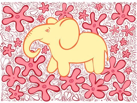 Orange doodle decor elephant with red flowers Stock Illustration