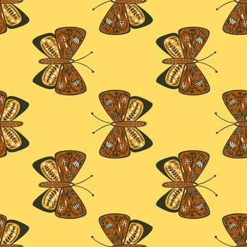 Orange doodle folk butterfly elements seamless doodle pattern. Pastel yellow  Stockillustratie