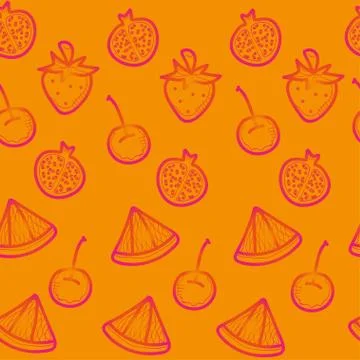 Orange doodle seamless background with  red fruits Illustrazione stock