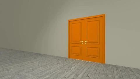 Orange door opening into empty room with wooden floor Ilustración de archivo