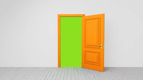 Orange door opening to green screen background in white room Stock Illustration