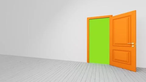 Orange door opening to green screen background in white room Ilustración de archivo