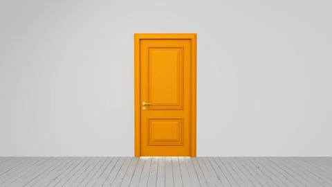 Orange door standing out in white room with wooden floor Ilustración de archivo