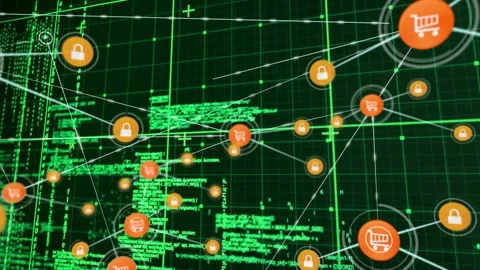 Orange dot morphing into shopping-cart node, spawning padlock nodes and mapping Stock Footage 332405743
