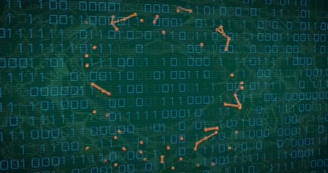 Orange dots scattering sparking nodes circling linking into ring on teal binary Stock Footage 331712643
