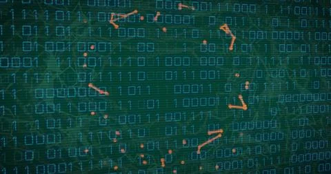 Orange dots scattering sparking nodes circling linking into ring on teal binary 스톡 일러스트