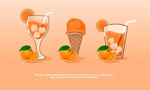 Orange drink collection vector likely ice cream and glass of orange juice 库存插图