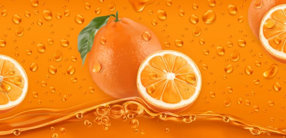 Orange Drops. Fresh fruit background. 3d realistic vector Stock Illustration
