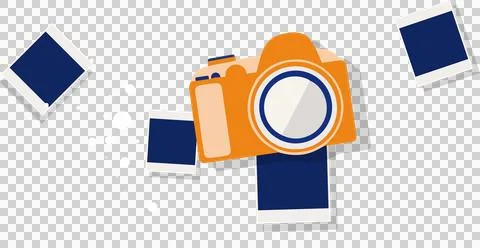 Orange DSLR camera floating among square prints and splashes in flat style, Stock Illustration