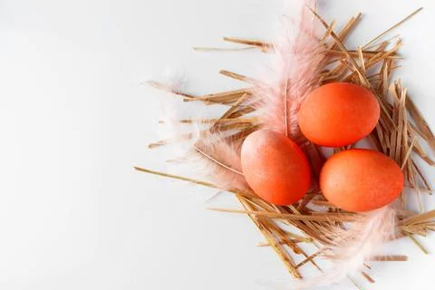 Orange easter eggs and feathers on a white background. Stock-Fotos