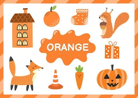 Orange. Educational worksheet for kids. Learning the color orange set Stock Illustration